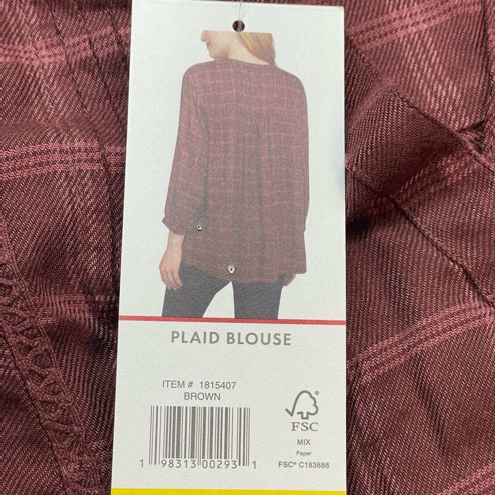 Western Boho Plaid Wrangler Peasant Blouse Burgundy Size S 3/4 Sleeve top NWT - Picture 9 of 13